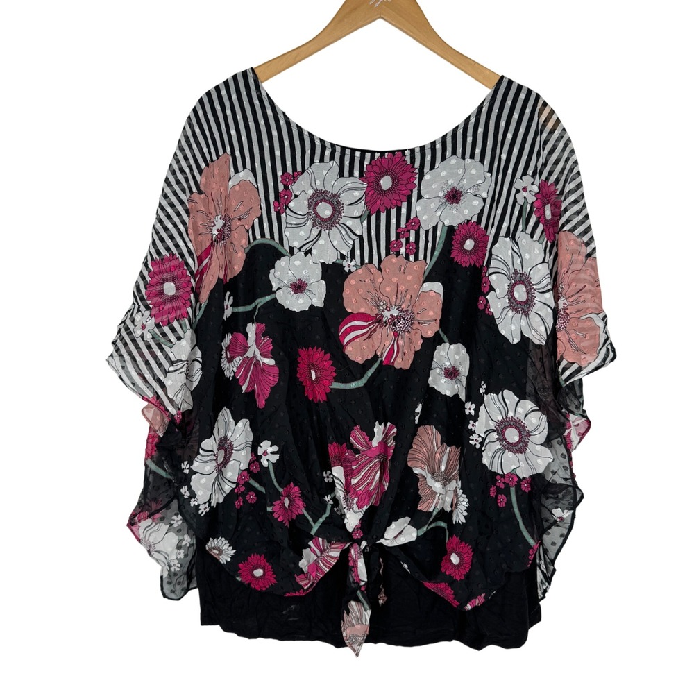 Alyx Womens Floral‎ Striped Whimsigoth Tie Front Chiffon Oversized Top 1X Flowy